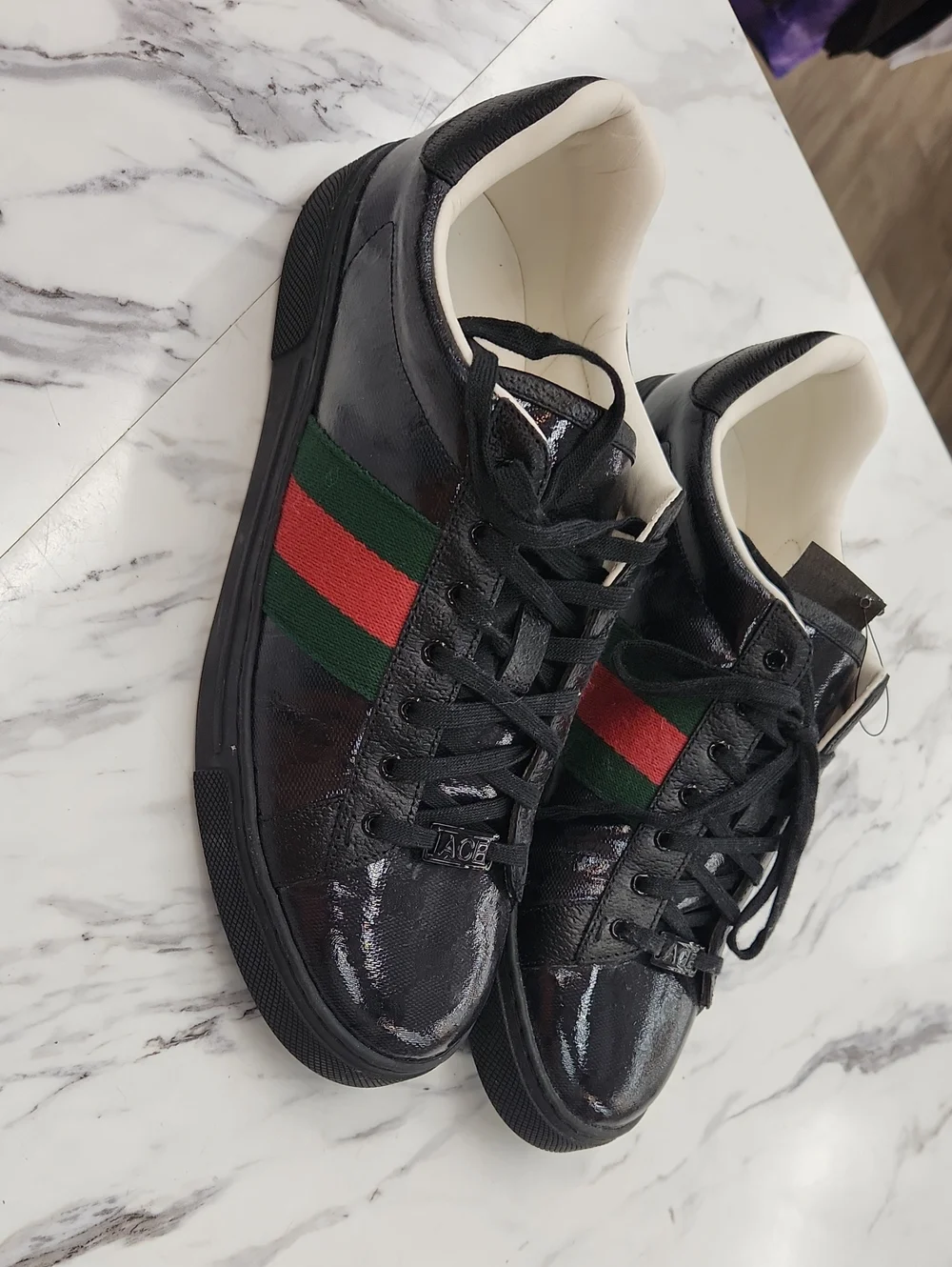 Gucci Black Patent Leather Sneakers with Green & Red Web